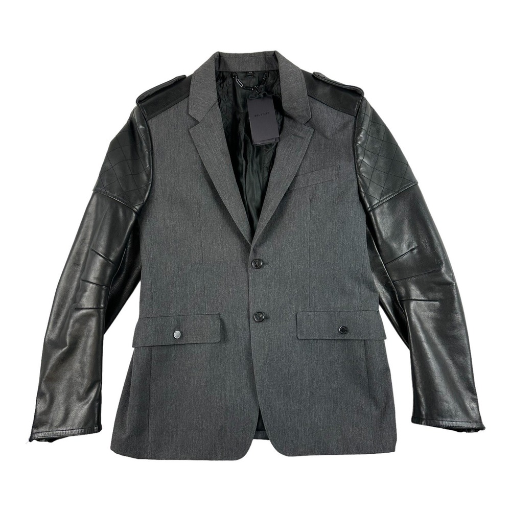 Belstaff Britford Wool Leather Sleeve Blazer Melange Gray Size 48EU NWT 1995$